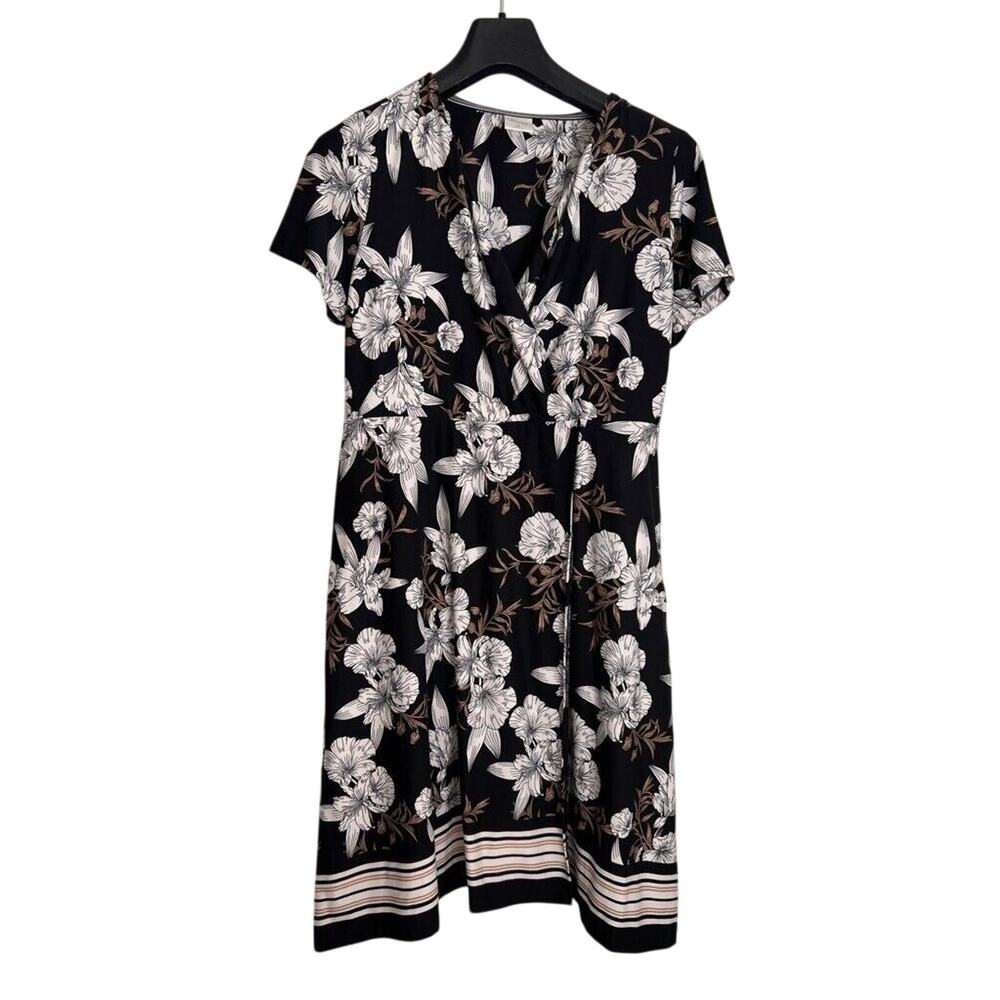 Soma Womens A Line Dress Black Neutral Floral Pockets Surplice Short Sleeve MED